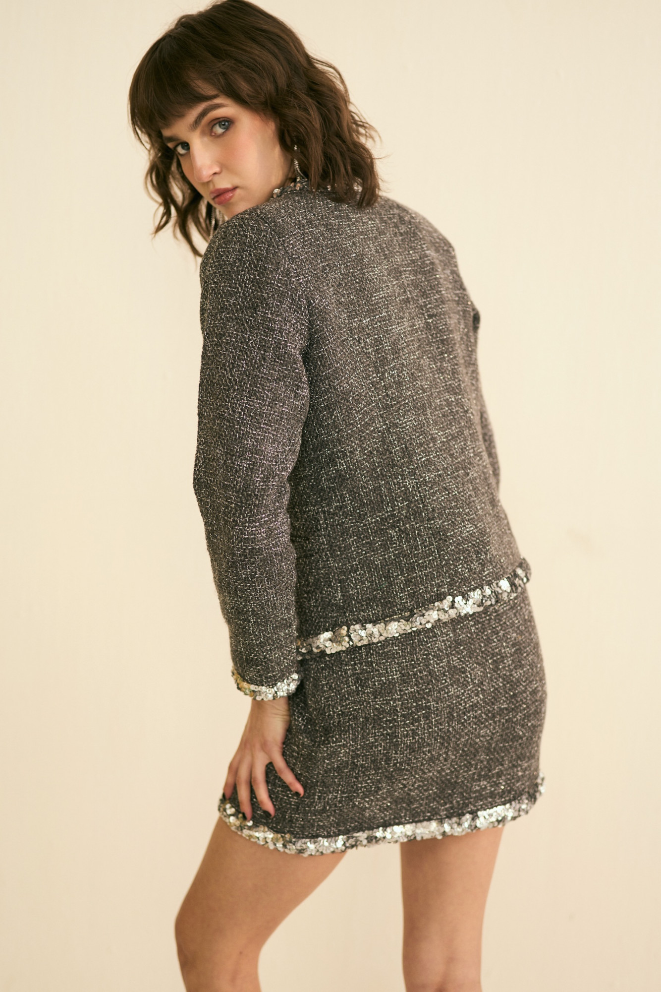 SYLVIE GREY LUMINOUS TWEED JACKET AND SKIRT CO-ORD SET WITH SILVER SEQUIN