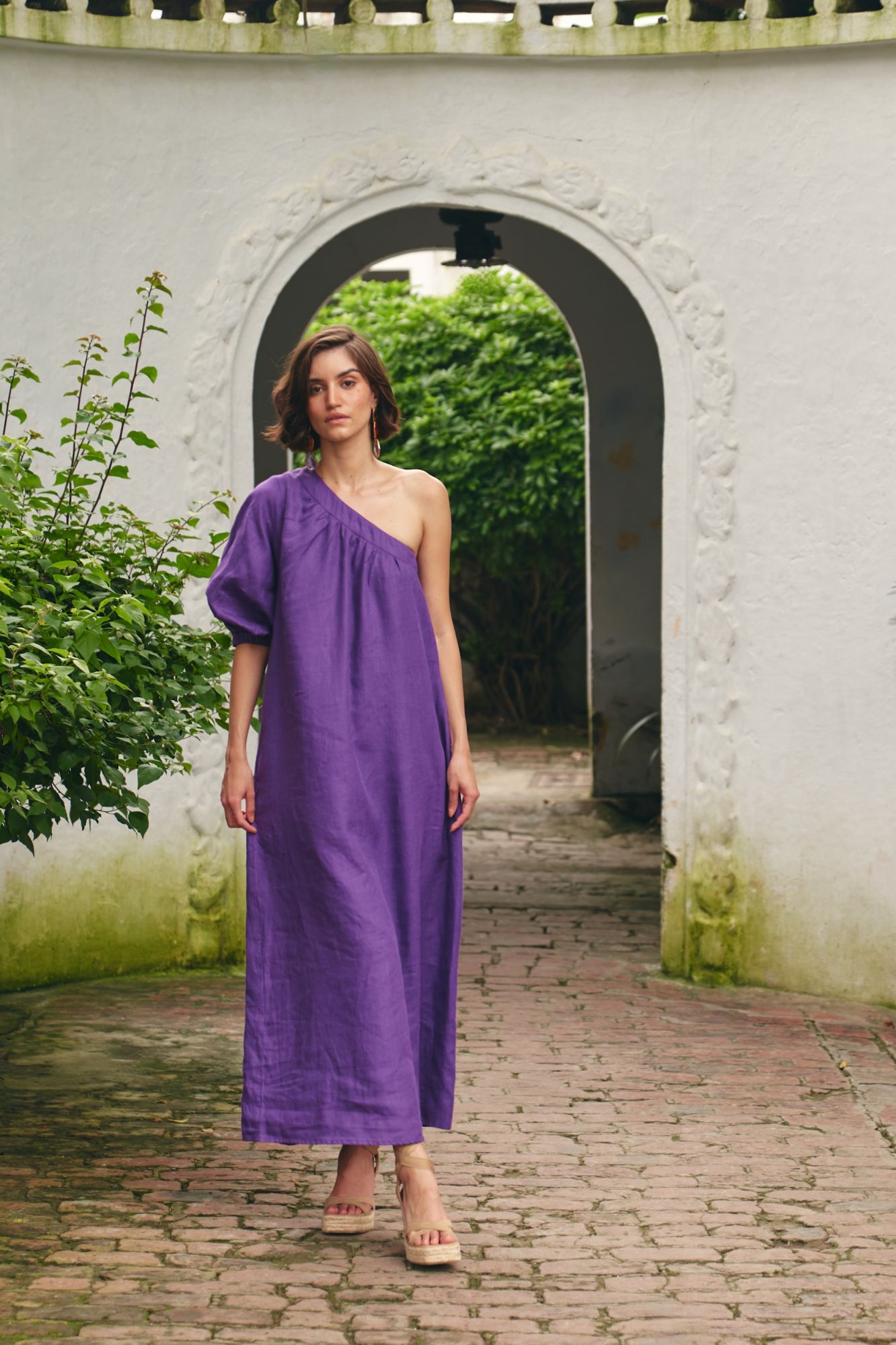 FLORENTINA SOLID PURPLE PURE LINEN FULLY LINED ONE SIDE SHOULDER MIDI LENGTH DRESS