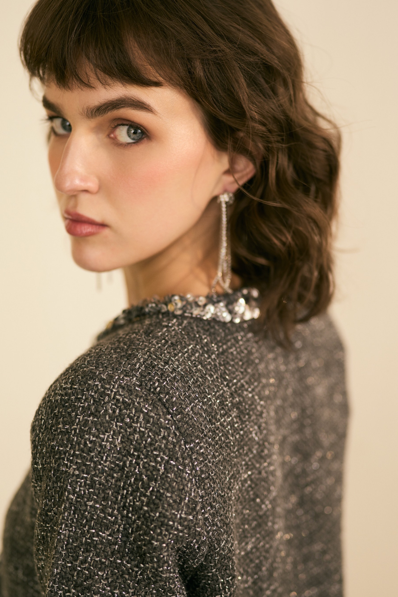 SYLVIE GREY LUMINOUS TWEED JACKET AND SKIRT CO-ORD SET WITH SILVER SEQUIN