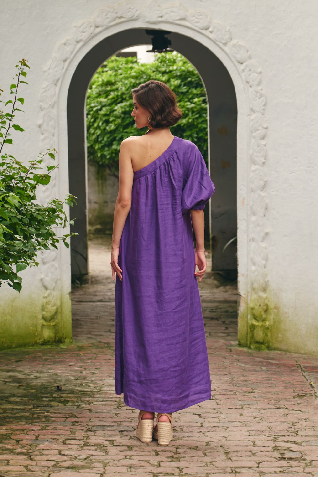 FLORENTINA SOLID PURPLE PURE LINEN FULLY LINED ONE SIDE SHOULDER MIDI LENGTH DRESS