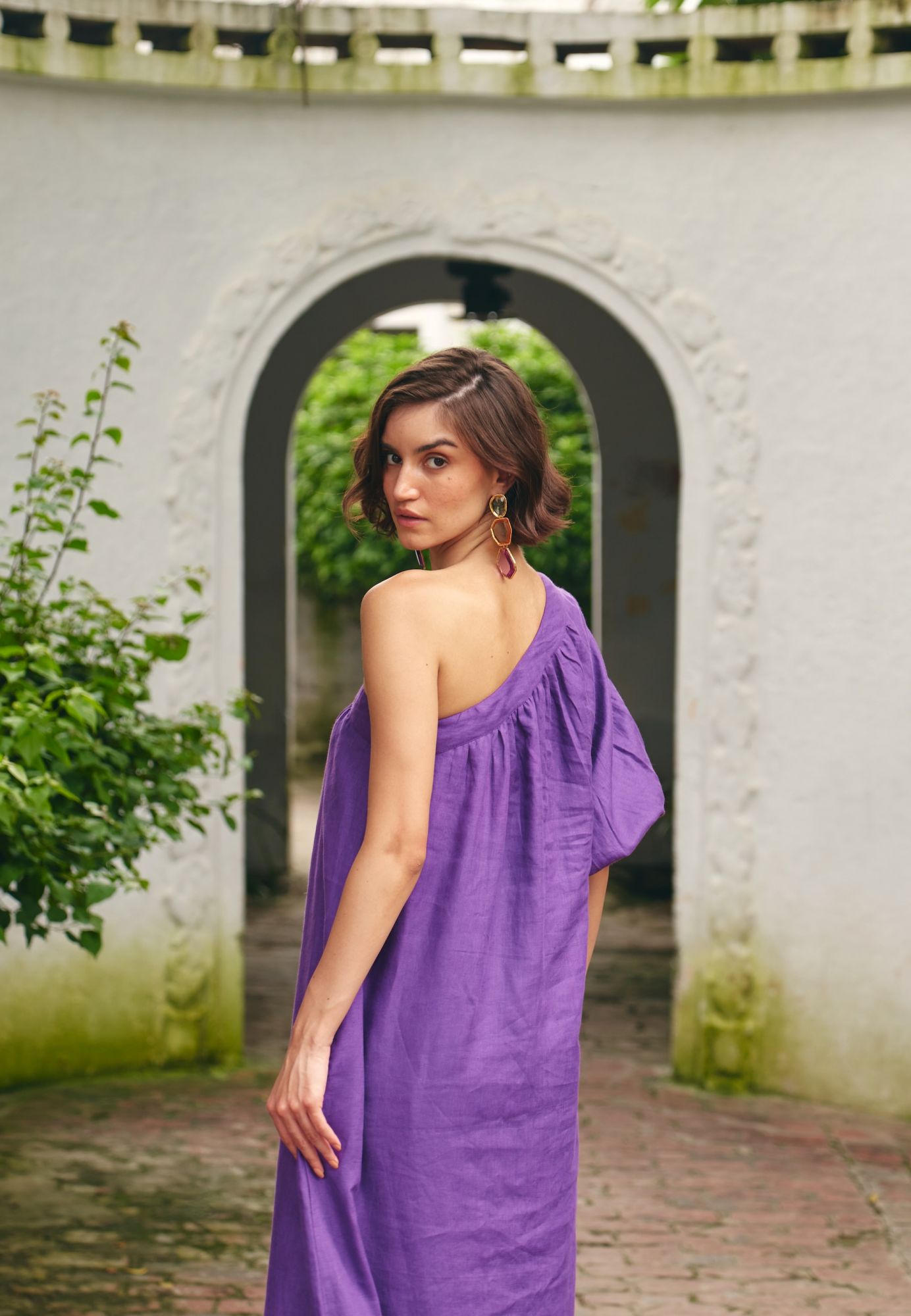 FLORENTINA SOLID PURPLE PURE LINEN FULLY LINED ONE SIDE SHOULDER MIDI LENGTH DRESS
