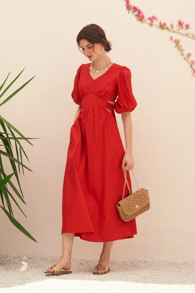 MALIBU COTTON POPLIN RED COLOR MIDI LENGTH SUMMER DRESS WITH ELBOW LENGTH SLEEVES BACK WAIST CUT