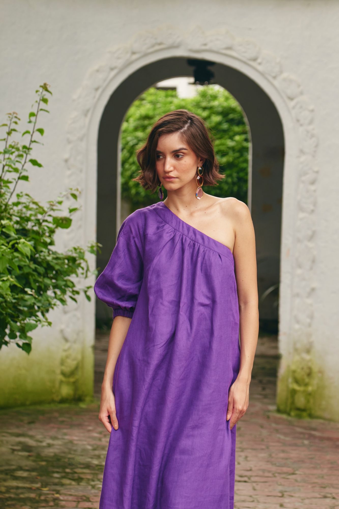 FLORENTINA SOLID PURPLE PURE LINEN FULLY LINED ONE SIDE SHOULDER MIDI LENGTH DRESS