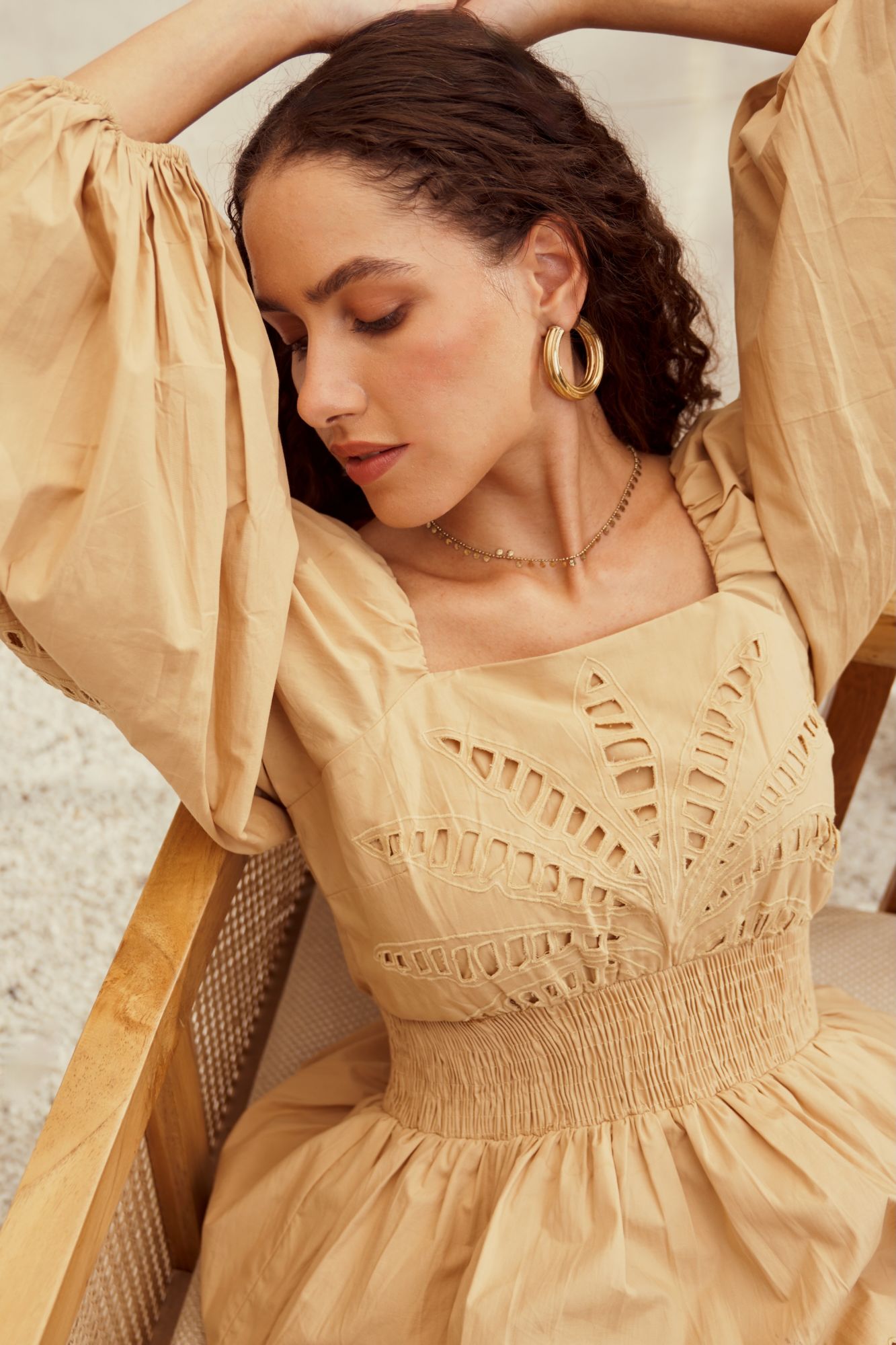 MALIBU-02 LIGHT TAN COLOR COTTON THIGH LENGTH LAYERED FULL SLEEVES DRESS WITH CUTWORK EMBROIDERY