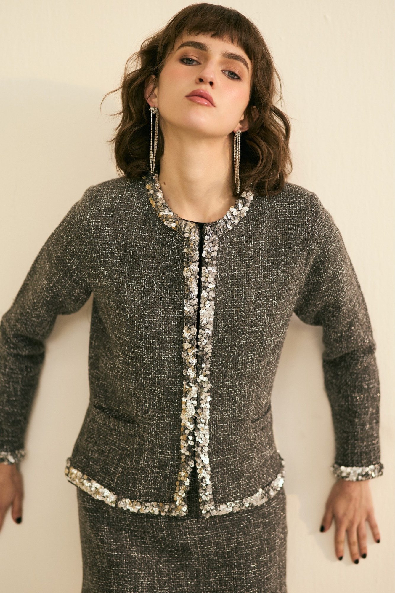 SYLVIE GREY LUMINOUS TWEED JACKET AND SKIRT CO-ORD SET WITH SILVER SEQUIN
