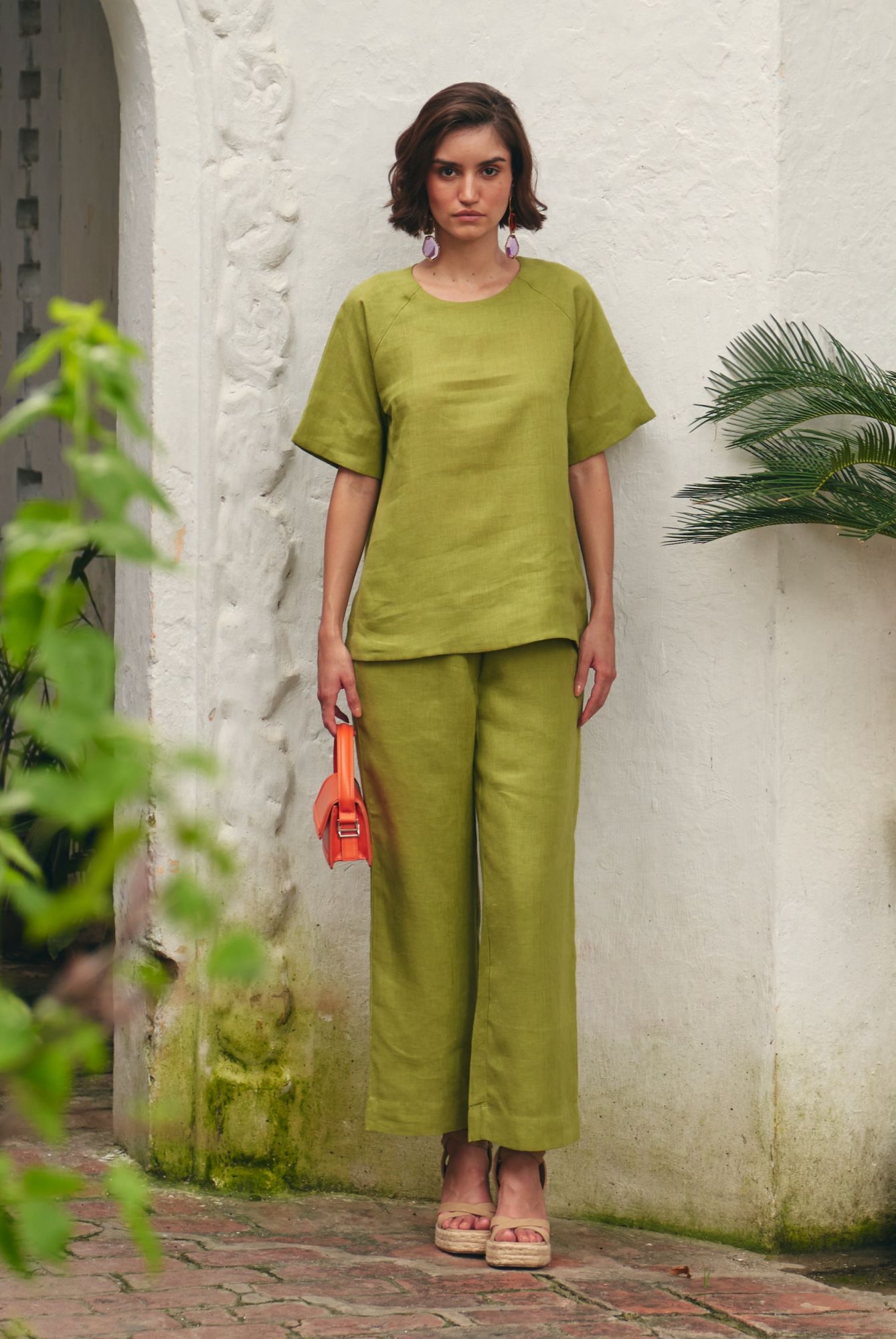 FLORENTINA SOLID OLIVE COLOR PURE LINEN BLEND TOP AND PANTS SUMMER CO-ORDINATE