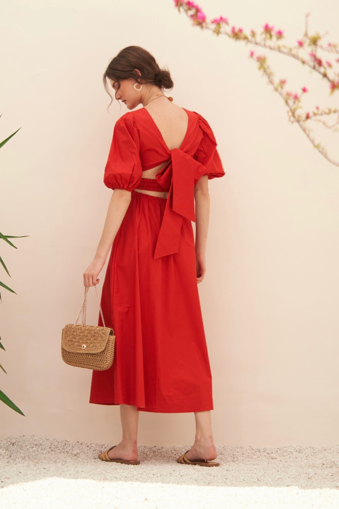 MALIBU COTTON POPLIN RED COLOR MIDI LENGTH SUMMER DRESS WITH ELBOW LENGTH SLEEVES BACK WAIST CUT