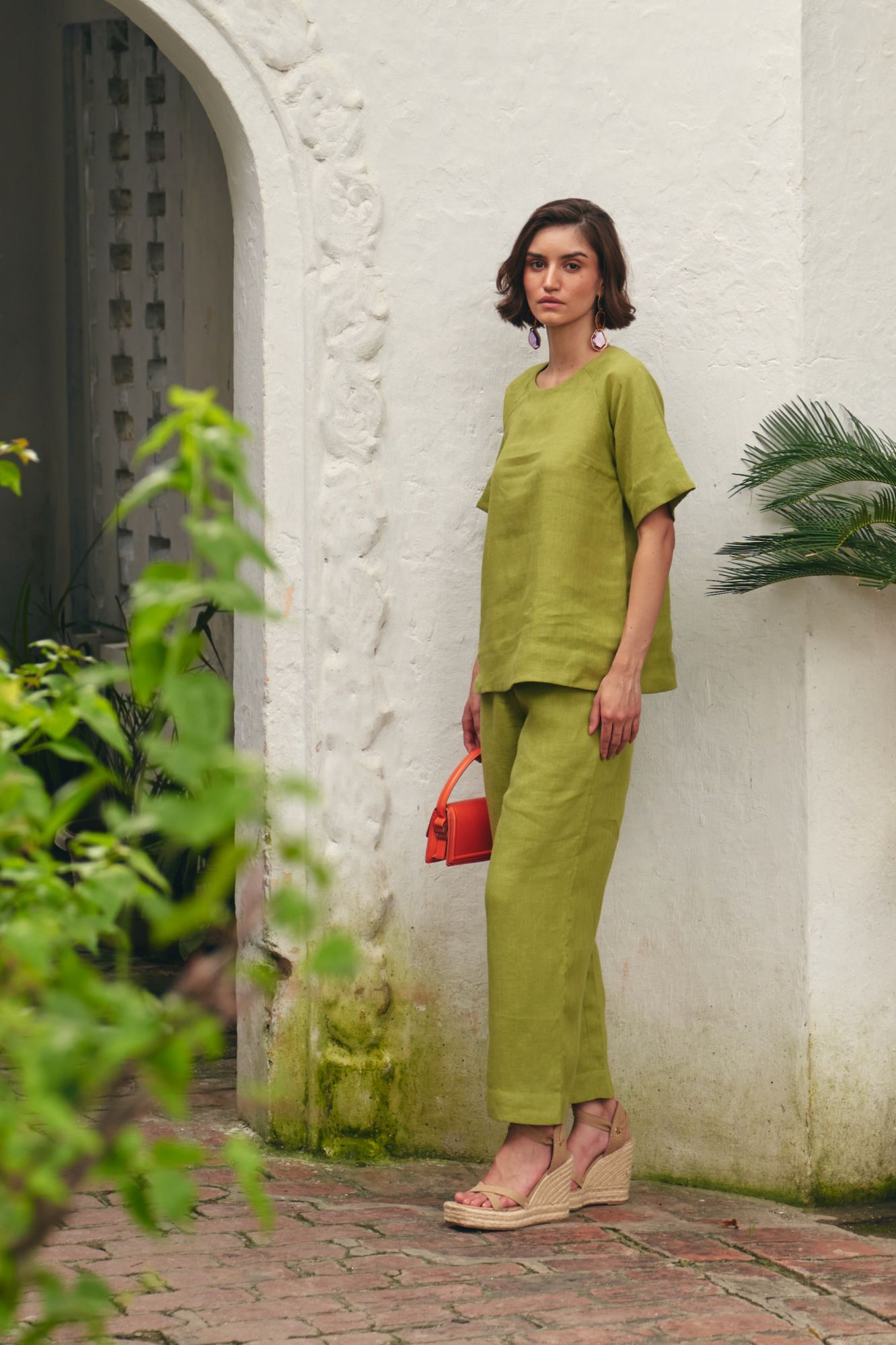FLORENTINA SOLID OLIVE COLOR PURE LINEN BLEND TOP AND PANTS SUMMER CO-ORDINATE