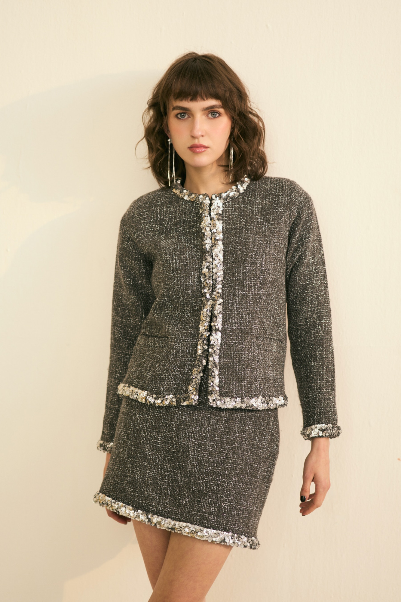 SYLVIE GREY LUMINOUS TWEED JACKET AND SKIRT CO-ORD SET WITH SILVER SEQUIN