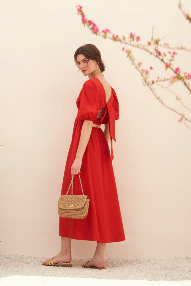 MALIBU COTTON POPLIN RED COLOR MIDI LENGTH SUMMER DRESS WITH ELBOW LENGTH SLEEVES BACK WAIST CUT