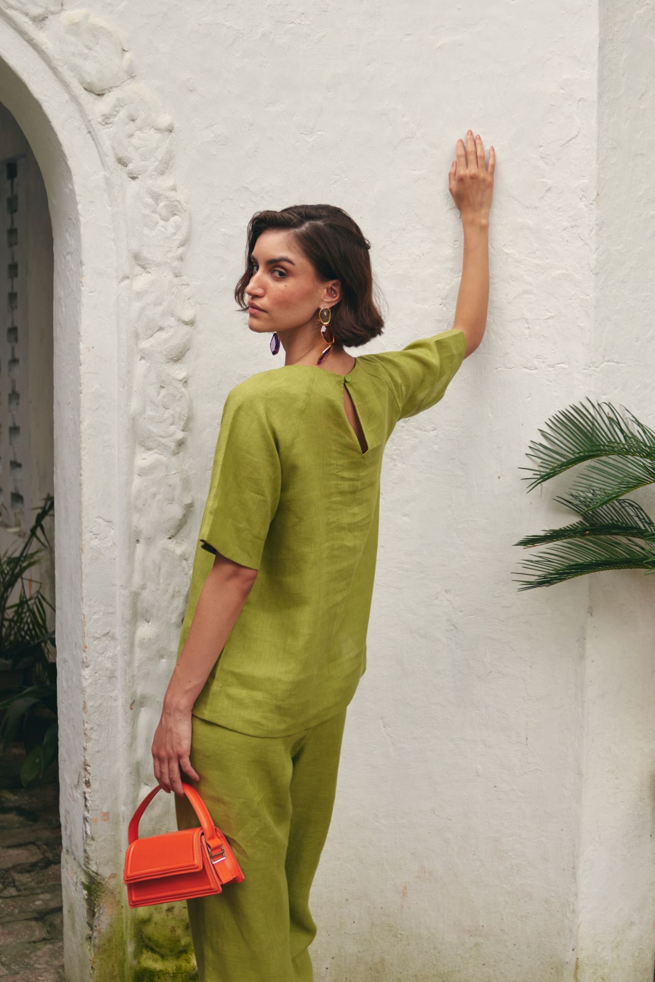 FLORENTINA SOLID OLIVE COLOR PURE LINEN BLEND TOP AND PANTS SUMMER CO-ORDINATE