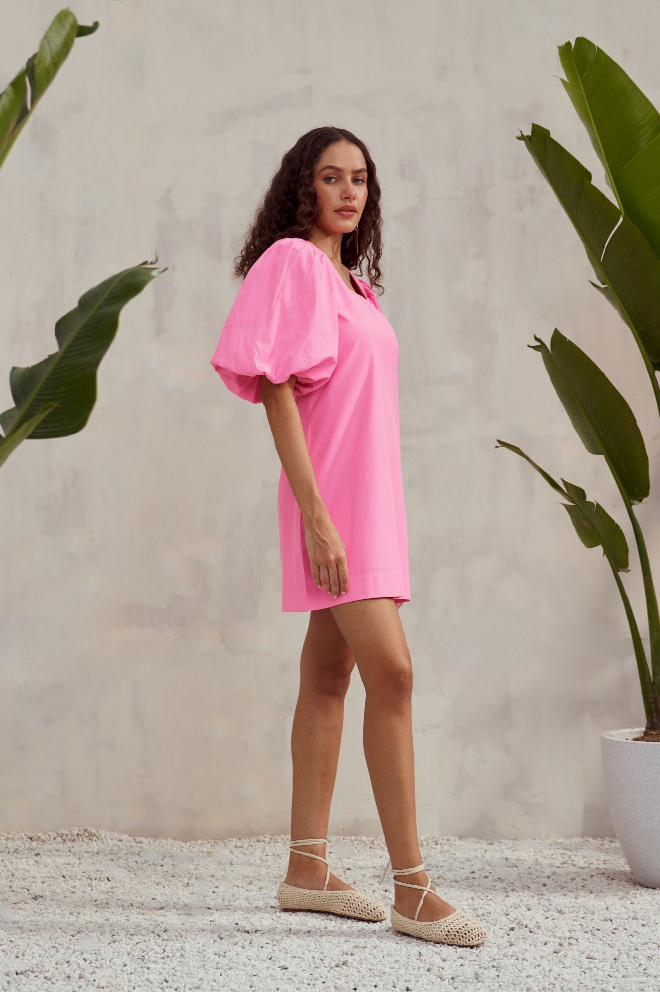 MALIBU-02 TEA ROSE PINK COTTON POPLIN KNEE LENGTH DRESS