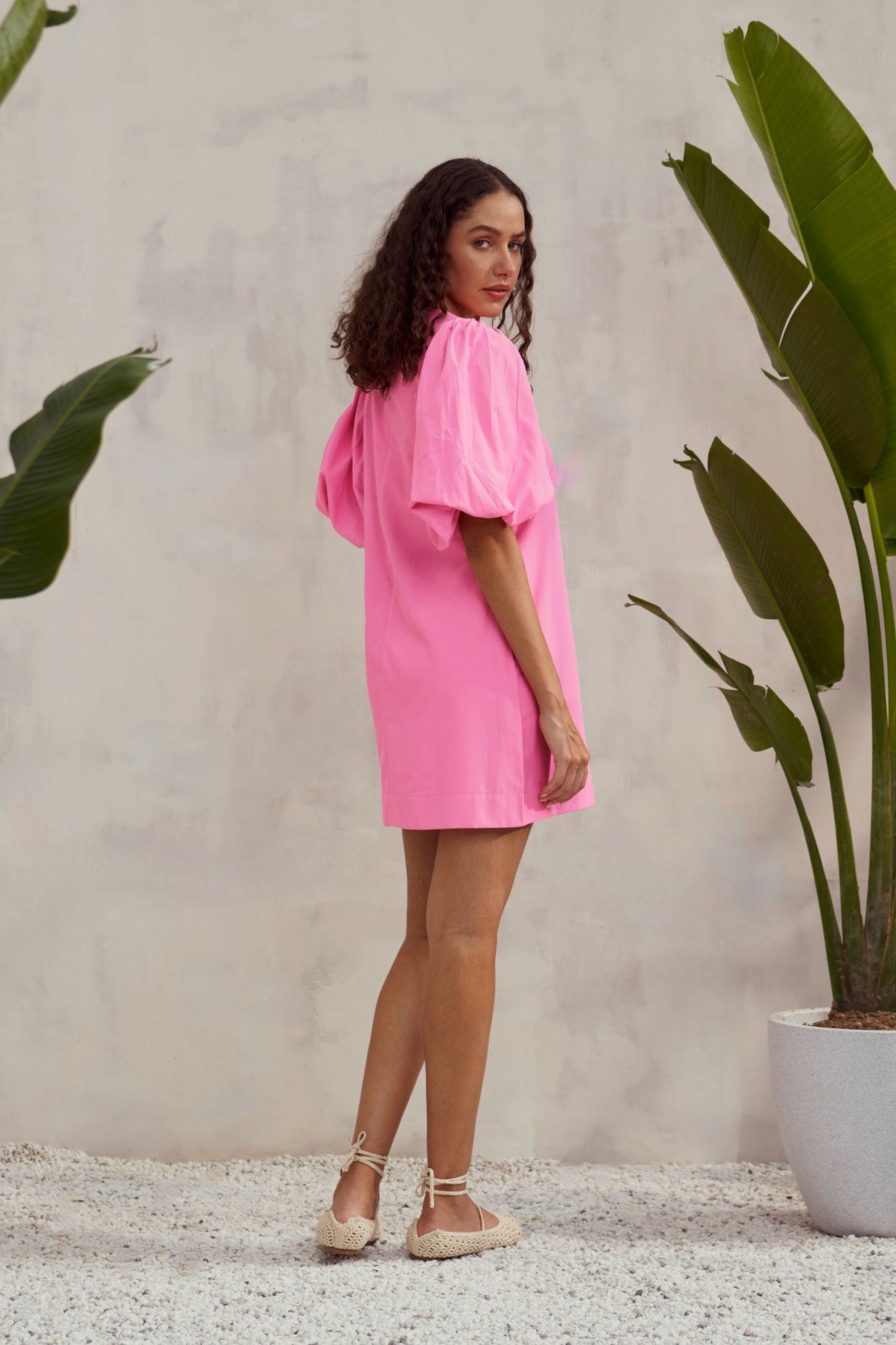 MALIBU-02 TEA ROSE PINK COTTON POPLIN KNEE LENGTH DRESS