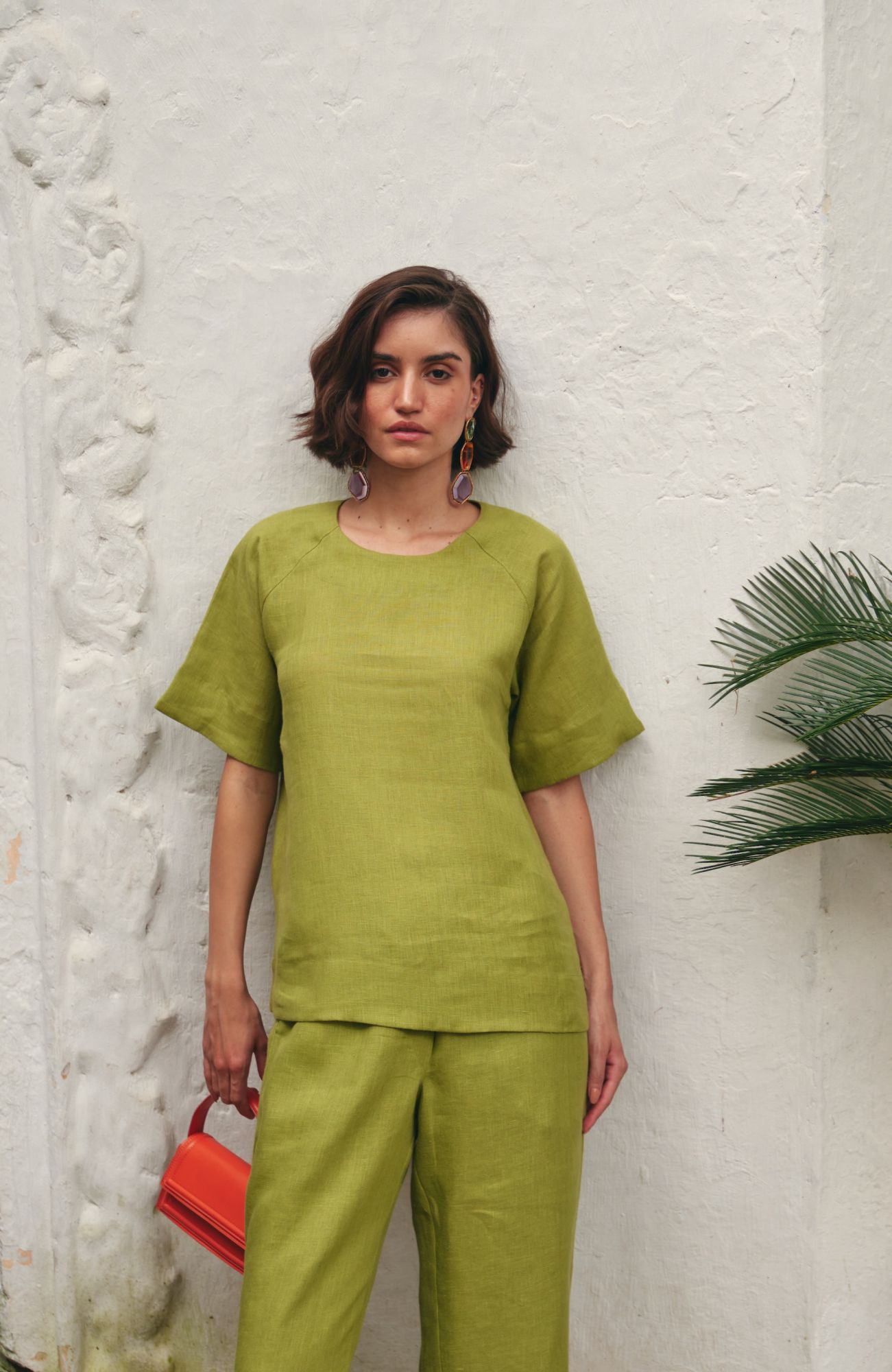 FLORENTINA SOLID OLIVE COLOR PURE LINEN BLEND TOP AND PANTS SUMMER CO-ORDINATE
