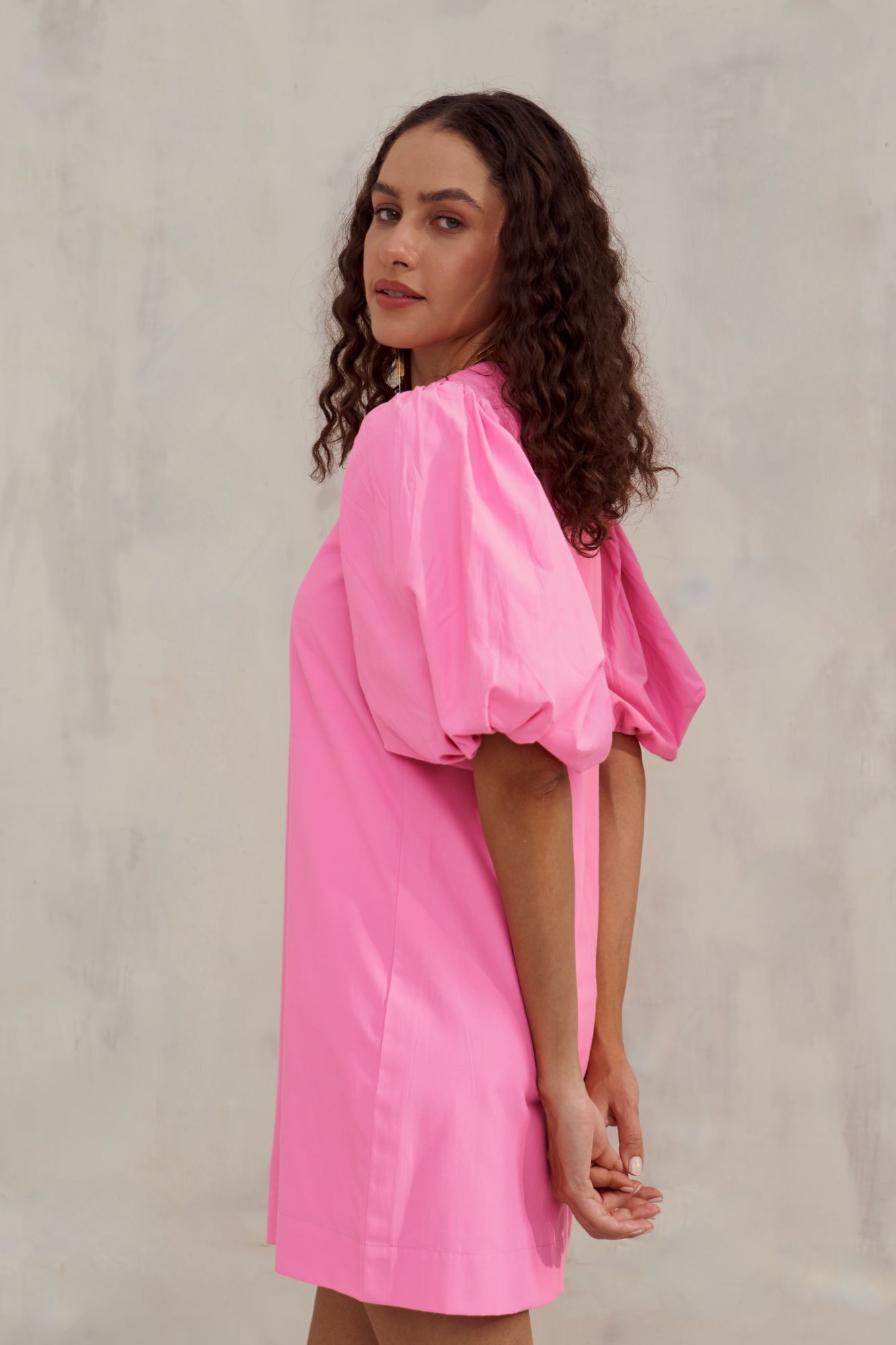 MALIBU-02 TEA ROSE PINK COTTON POPLIN KNEE LENGTH DRESS