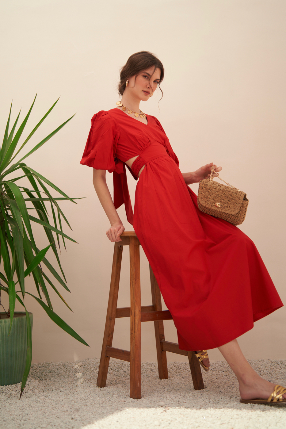MALIBU COTTON POPLIN RED COLOR MIDI LENGTH SUMMER DRESS WITH ELBOW LENGTH SLEEVES BACK WAIST CUT