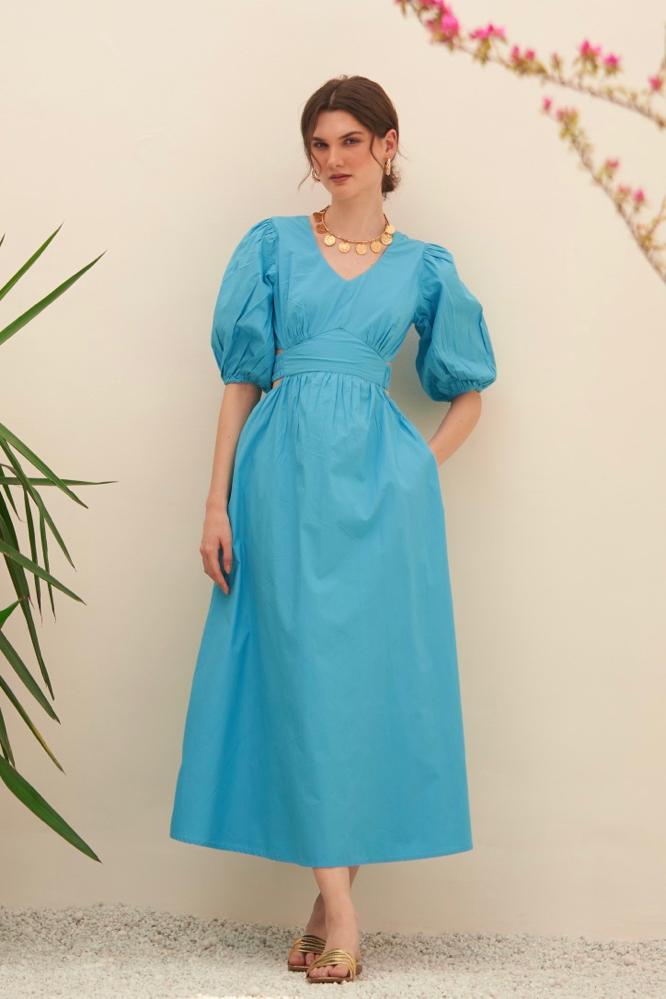 MALIBU TURQUOISE BLUE COTTON POPLIN MIDI LENGTH DRESS WITH WAIST CUT AT THE BACK ELBOW LENGTH SLEEVES