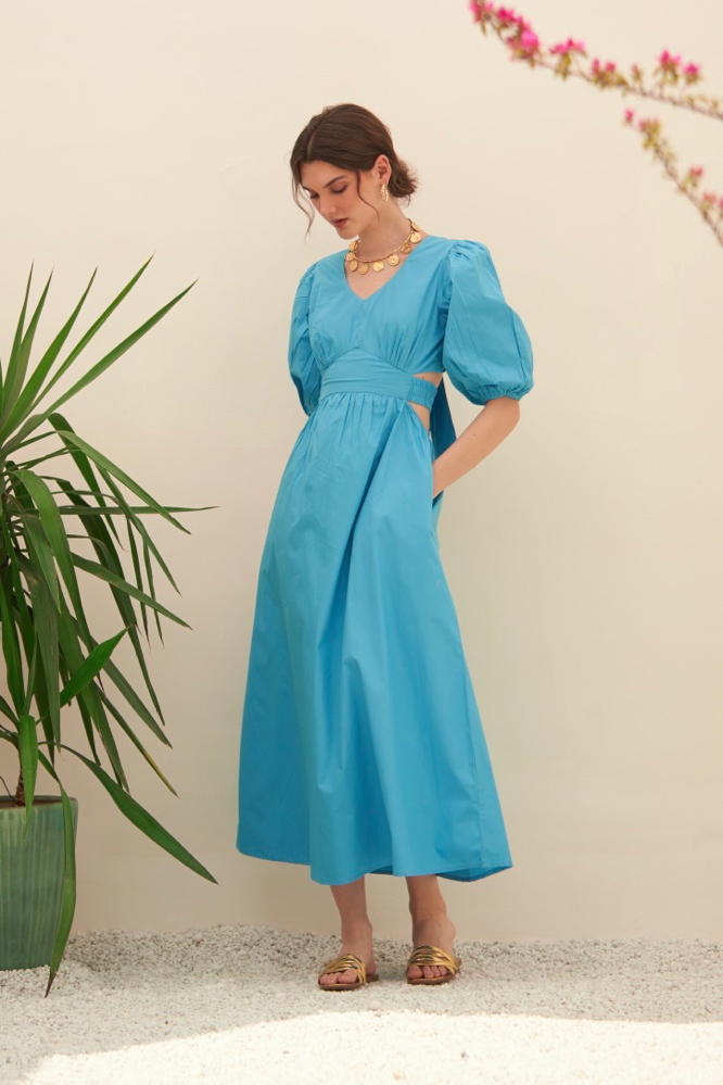 MALIBU TURQUOISE BLUE COTTON POPLIN MIDI LENGTH DRESS WITH WAIST CUT AT THE BACK ELBOW LENGTH SLEEVES