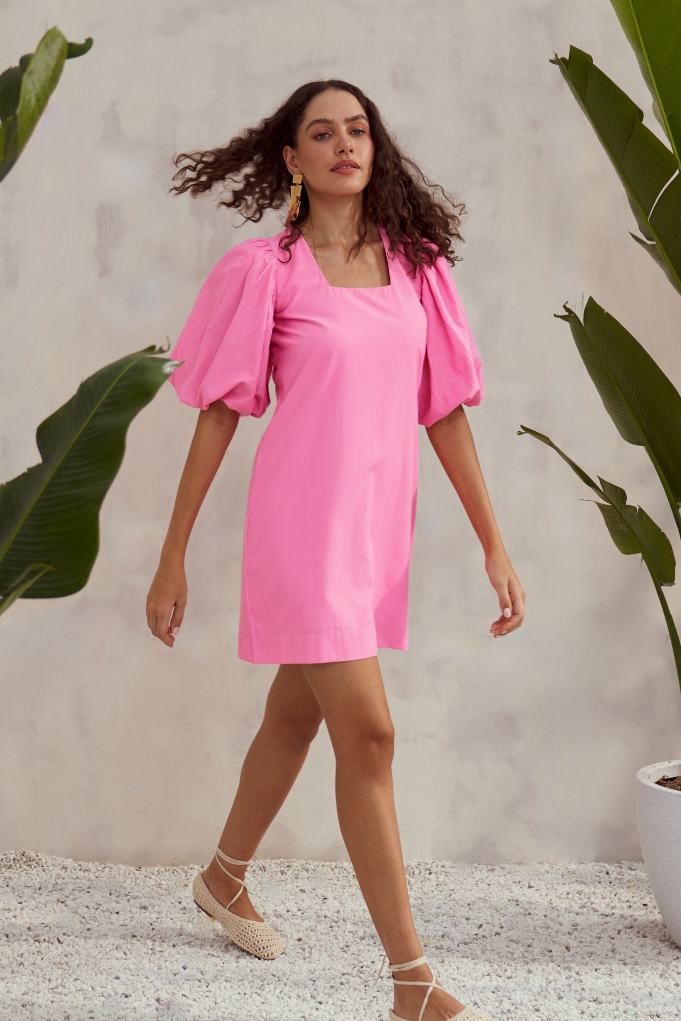MALIBU-02 TEA ROSE PINK COTTON POPLIN KNEE LENGTH DRESS