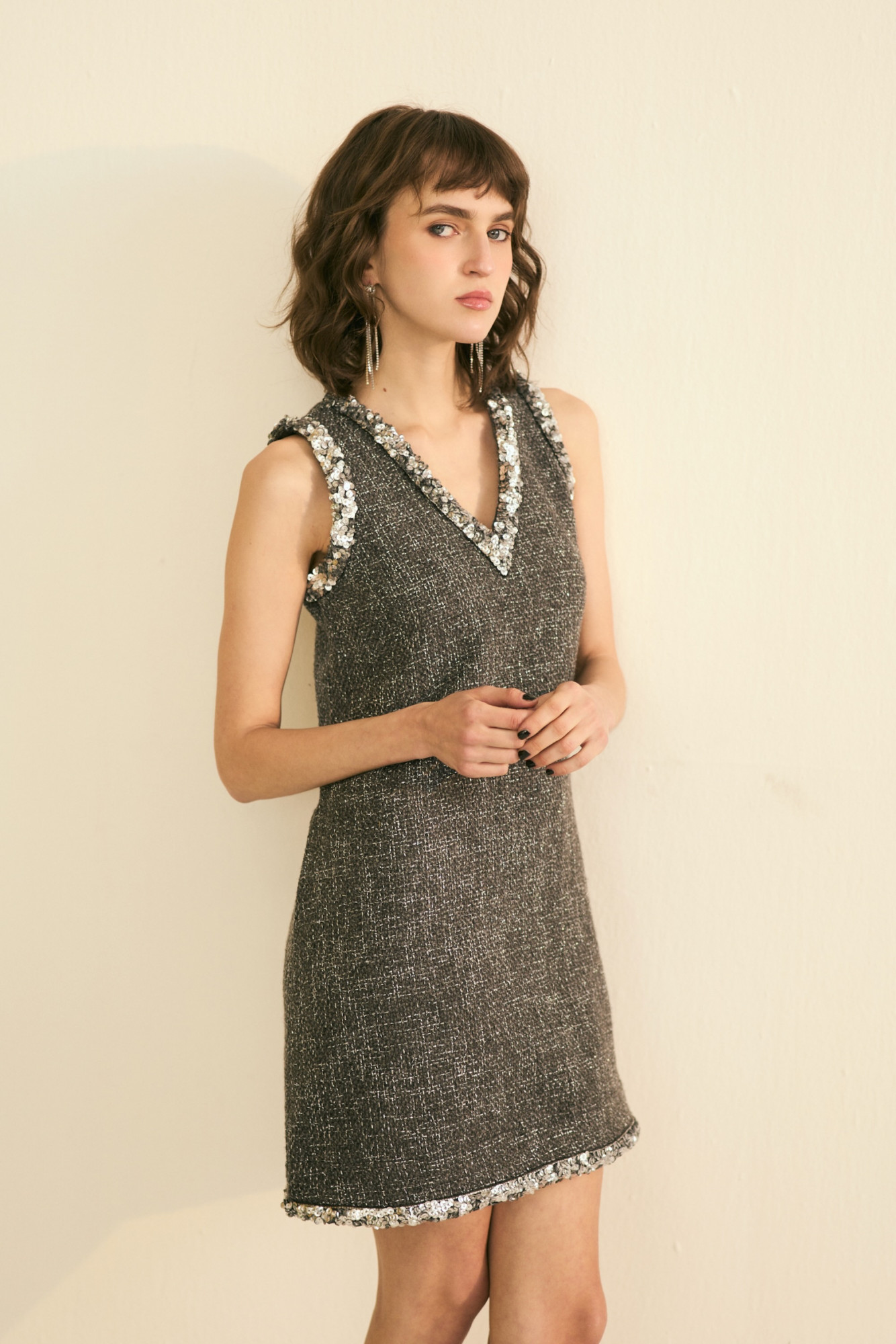 SYLVIE GREY LUMINOUS TWEED SLEEVELESS DRESS WITH SILVER SEQUIN DETAILING