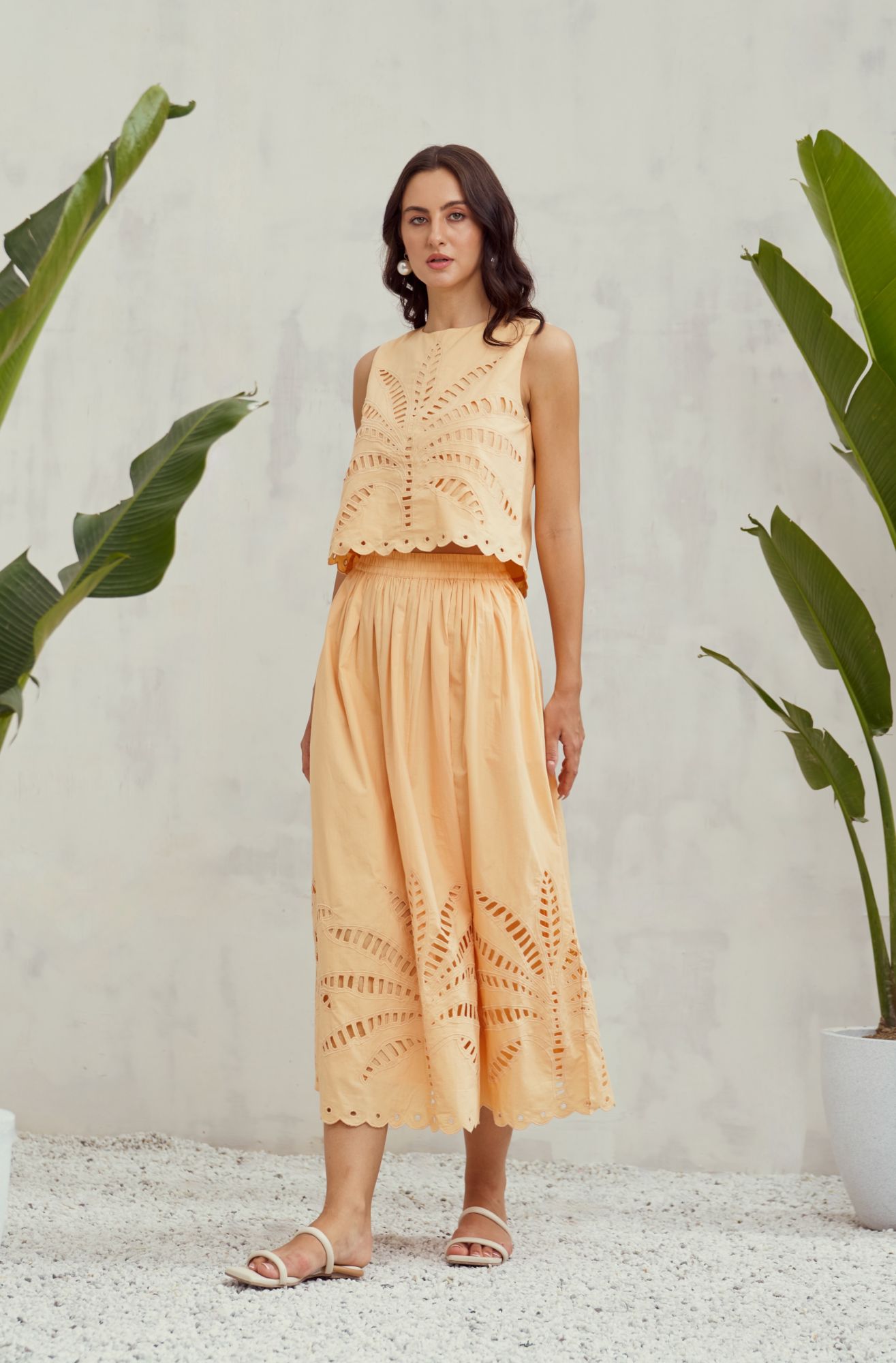 MALIBU-02 APRICOT PEACH COLOR COTTON TOP AND SKIRT CO-ORDINATE WITH CUTWORK EMBROIDERY