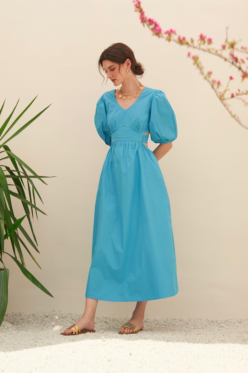 MALIBU TURQUOISE BLUE COTTON POPLIN MIDI LENGTH DRESS WITH WAIST CUT AT THE BACK ELBOW LENGTH SLEEVES