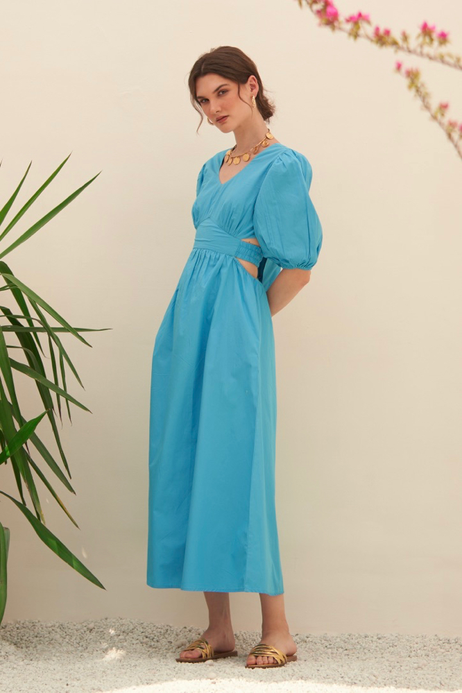 MALIBU TURQUOISE BLUE COTTON POPLIN MIDI LENGTH DRESS WITH WAIST CUT AT THE BACK ELBOW LENGTH SLEEVES