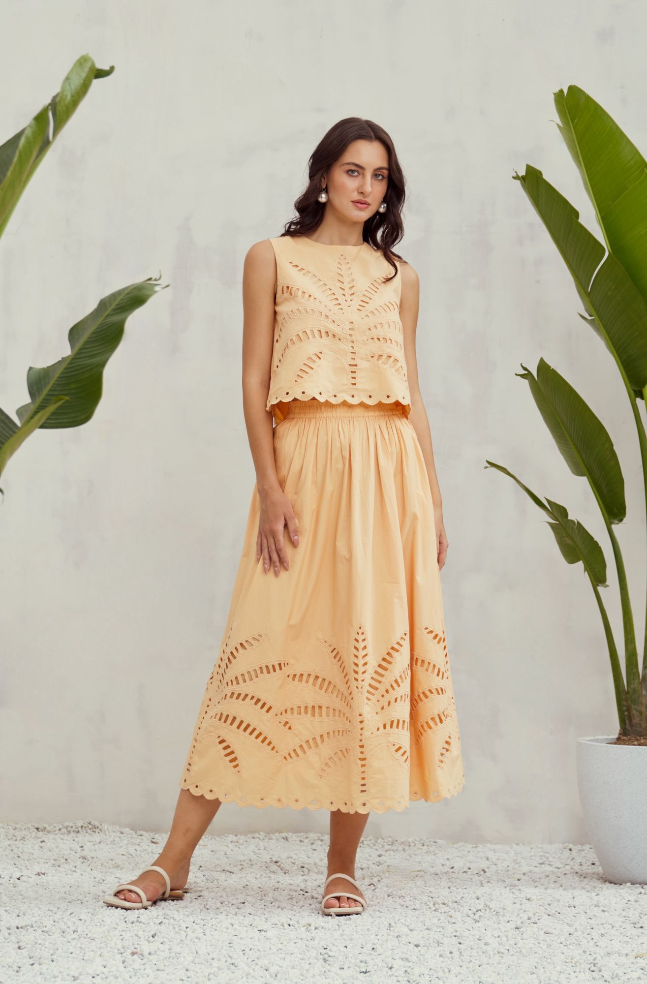 MALIBU-02 APRICOT PEACH COLOR COTTON TOP AND SKIRT CO-ORDINATE WITH CUTWORK EMBROIDERY