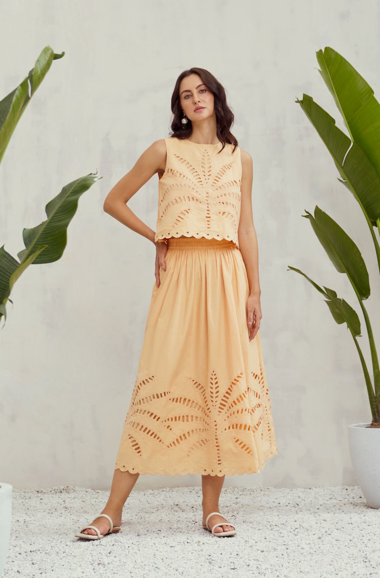 MALIBU-02 APRICOT PEACH COLOR COTTON TOP AND SKIRT CO-ORDINATE WITH CUTWORK EMBROIDERY