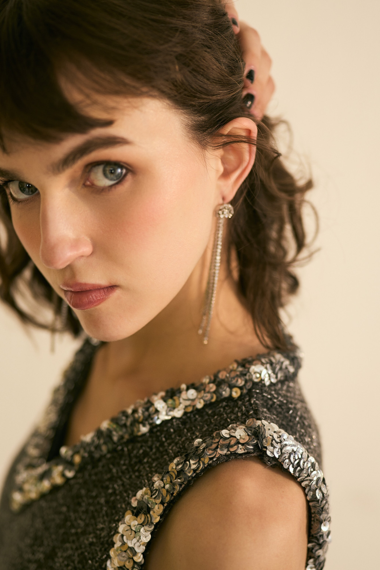 SYLVIE GREY LUMINOUS TWEED SLEEVELESS DRESS WITH SILVER SEQUIN DETAILING