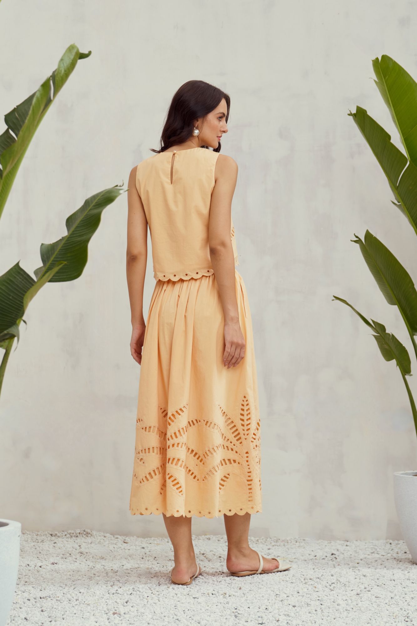 MALIBU-02 APRICOT PEACH COLOR COTTON TOP AND SKIRT CO-ORDINATE WITH CUTWORK EMBROIDERY