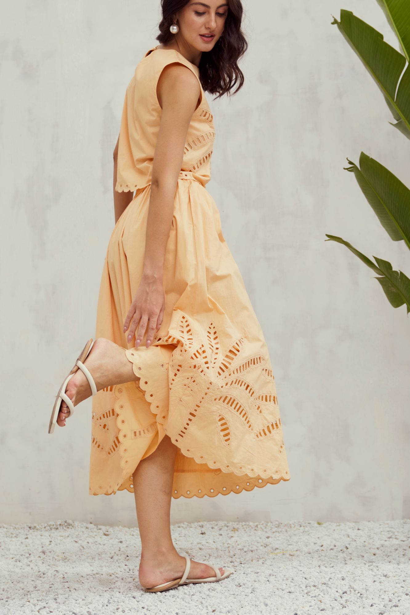 MALIBU-02 APRICOT PEACH COLOR COTTON TOP AND SKIRT CO-ORDINATE WITH CUTWORK EMBROIDERY