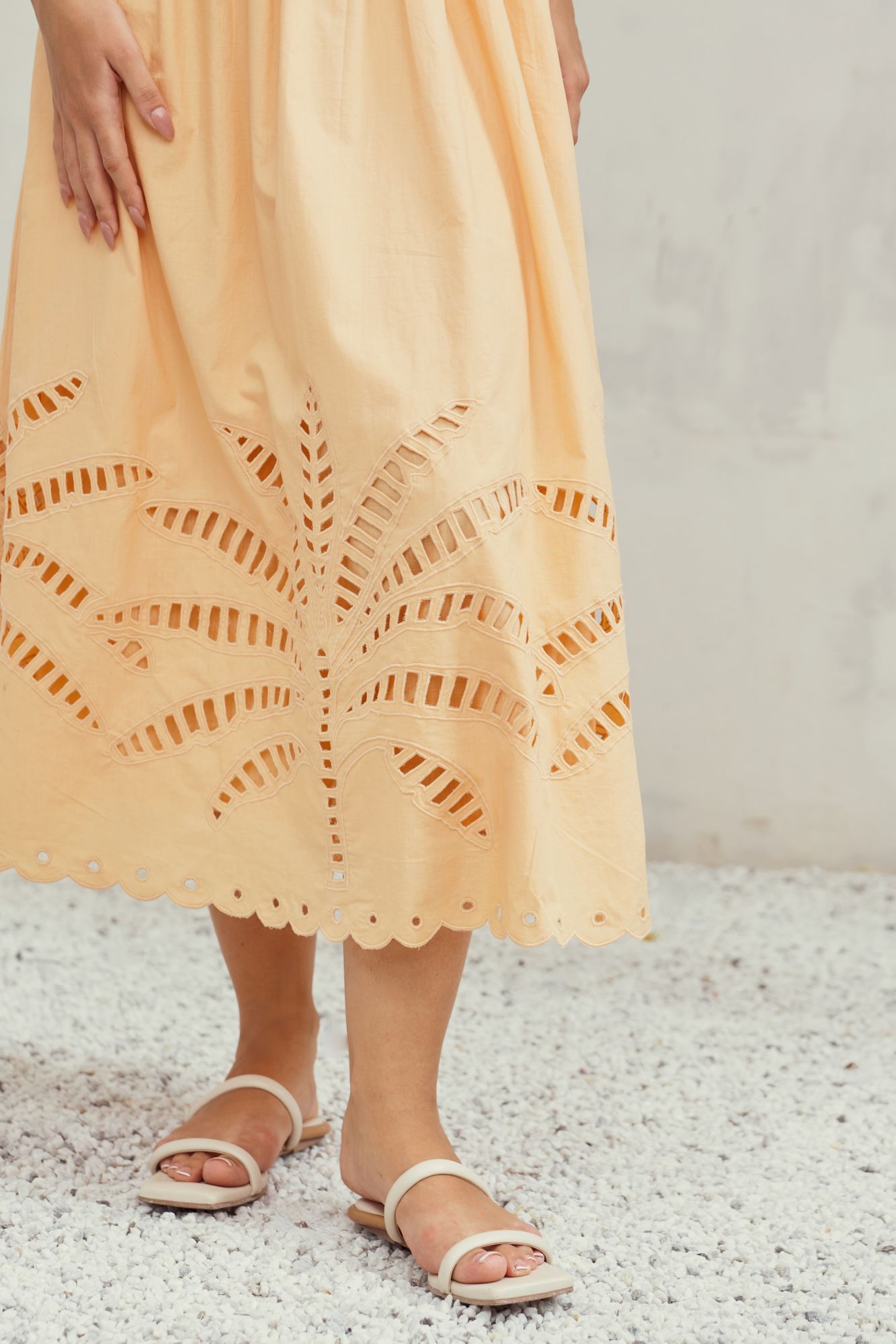 MALIBU-02 APRICOT PEACH COLOR COTTON TOP AND SKIRT CO-ORDINATE WITH CUTWORK EMBROIDERY