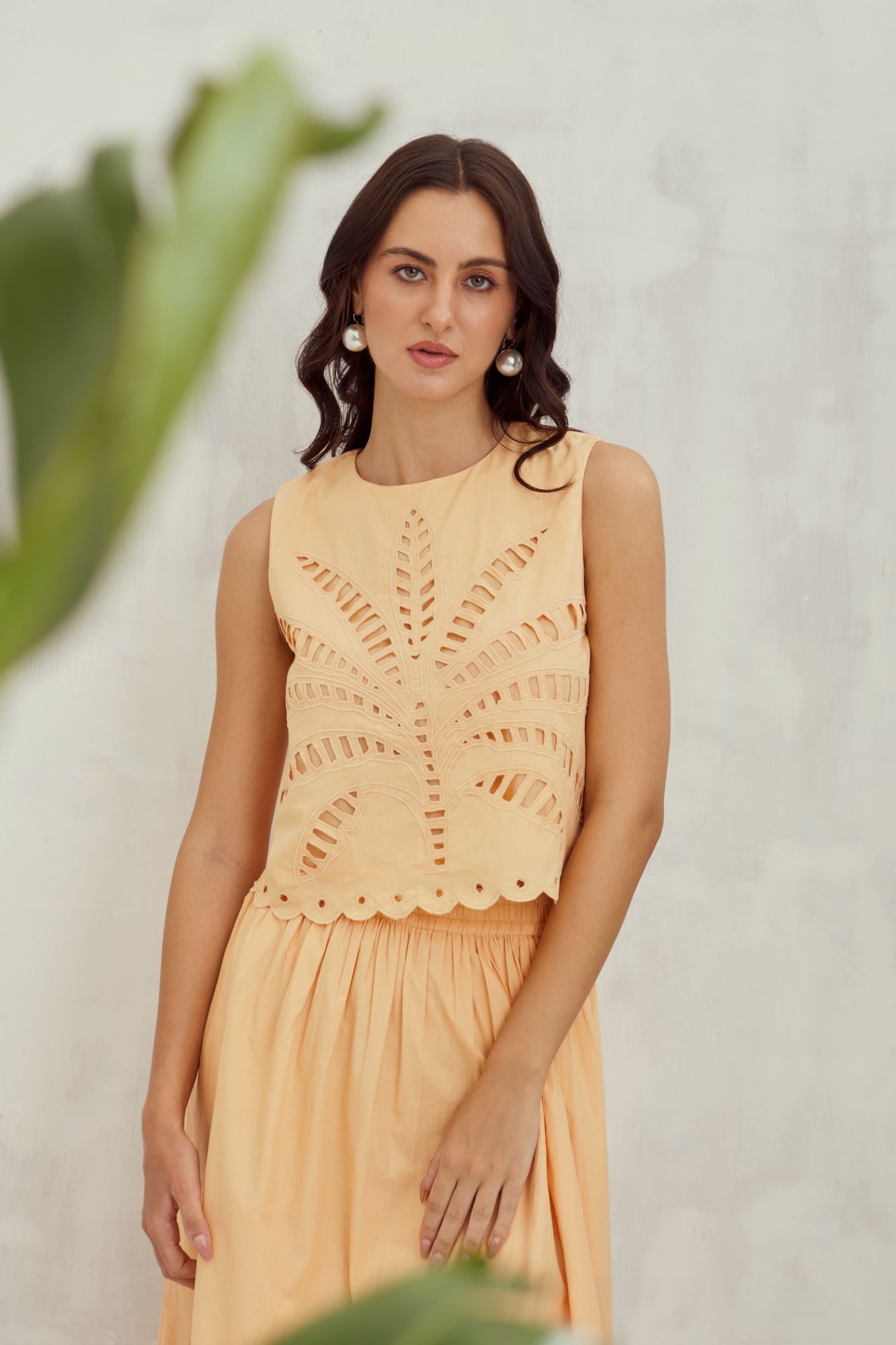 MALIBU-02 APRICOT PEACH COLOR COTTON TOP AND SKIRT CO-ORDINATE WITH CUTWORK EMBROIDERY
