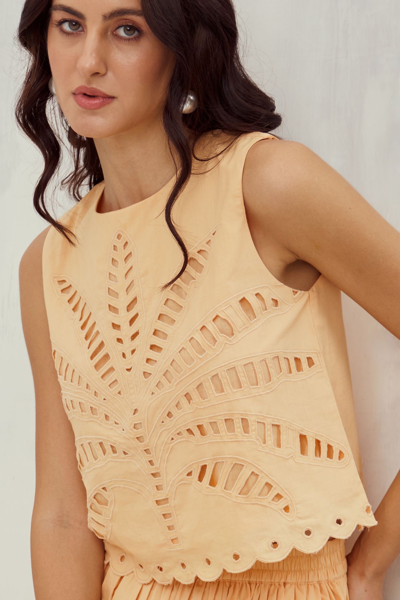 MALIBU-02 APRICOT PEACH COLOR COTTON TOP AND SKIRT CO-ORDINATE WITH CUTWORK EMBROIDERY