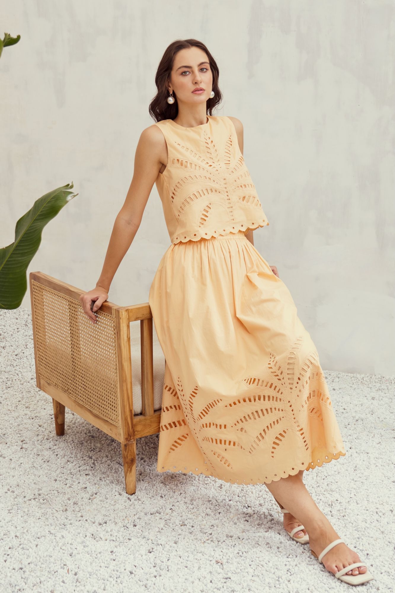 MALIBU-02 APRICOT PEACH COLOR COTTON TOP AND SKIRT CO-ORDINATE WITH CUTWORK EMBROIDERY