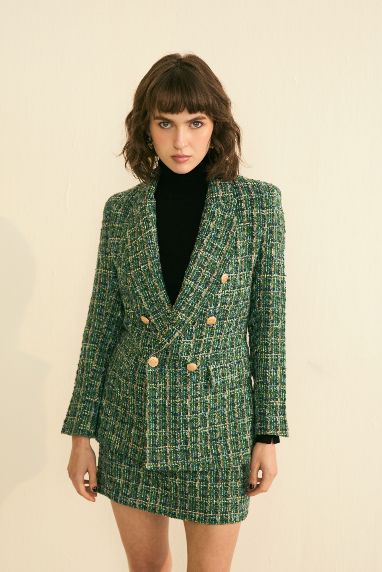 SYLVIE GREEN TWEED DOUBLE BREASTED JACKET AND SKIRT CO-ORD SET
