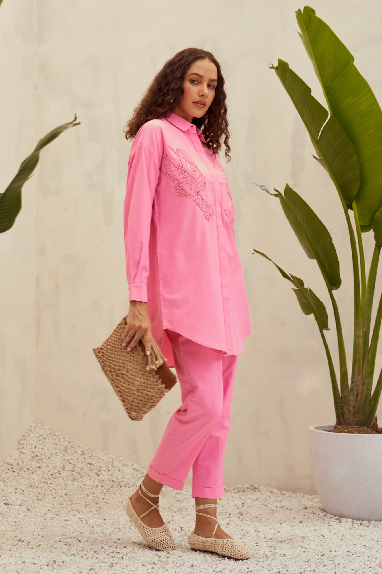 MALIBU-02 TEA ROSE PINK COLOR LOBSTER DORI EMBROIDERY SHIRT TUNIC AND PANTS CO-ORD SET