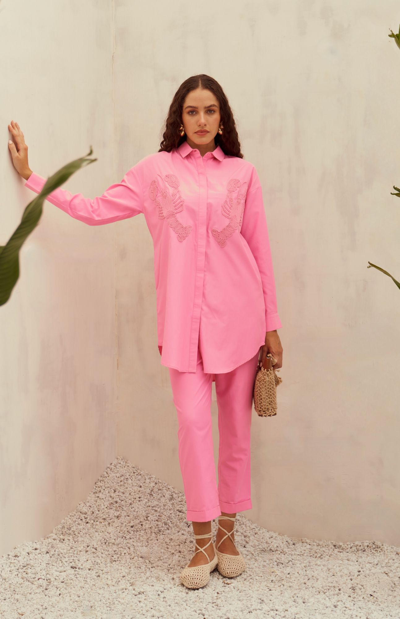 MALIBU-02 TEA ROSE PINK COLOR LOBSTER DORI EMBROIDERY SHIRT TUNIC AND PANTS CO-ORD SET