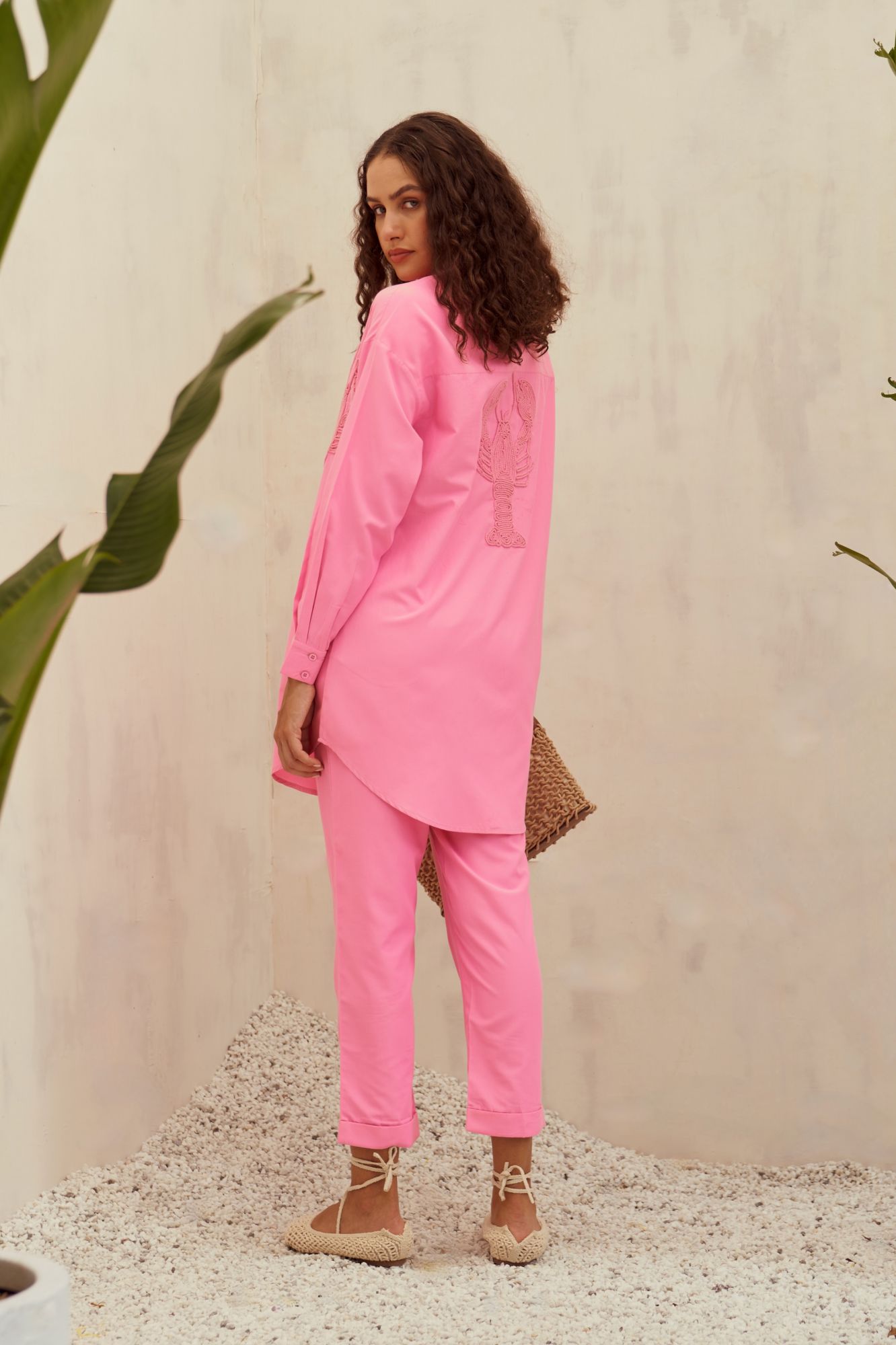 MALIBU-02 TEA ROSE PINK COLOR LOBSTER DORI EMBROIDERY SHIRT TUNIC AND PANTS CO-ORD SET