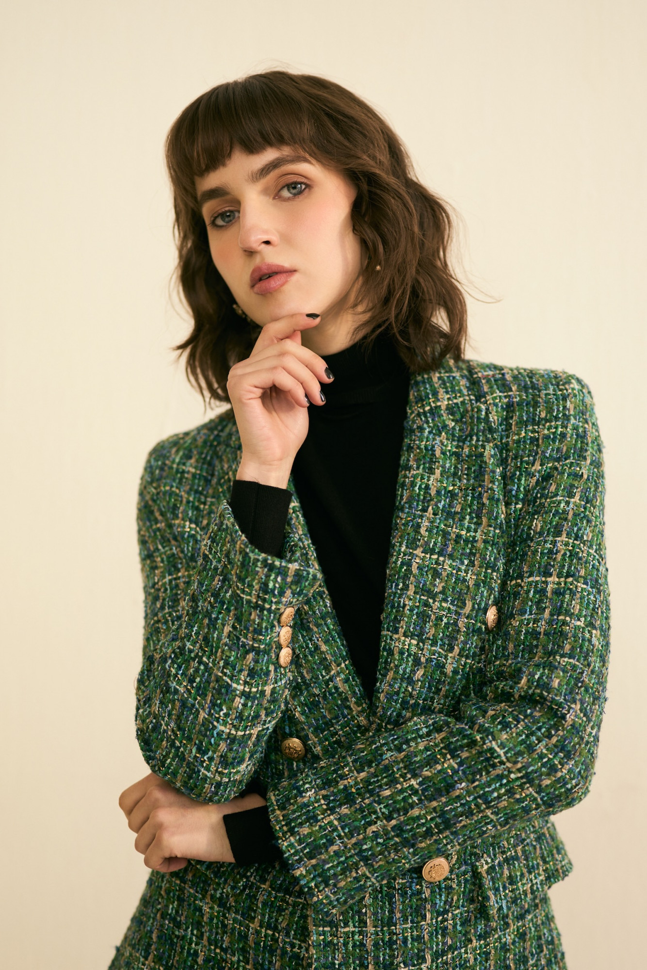 SYLVIE GREEN TWEED DOUBLE BREASTED JACKET AND SKIRT CO-ORD SET