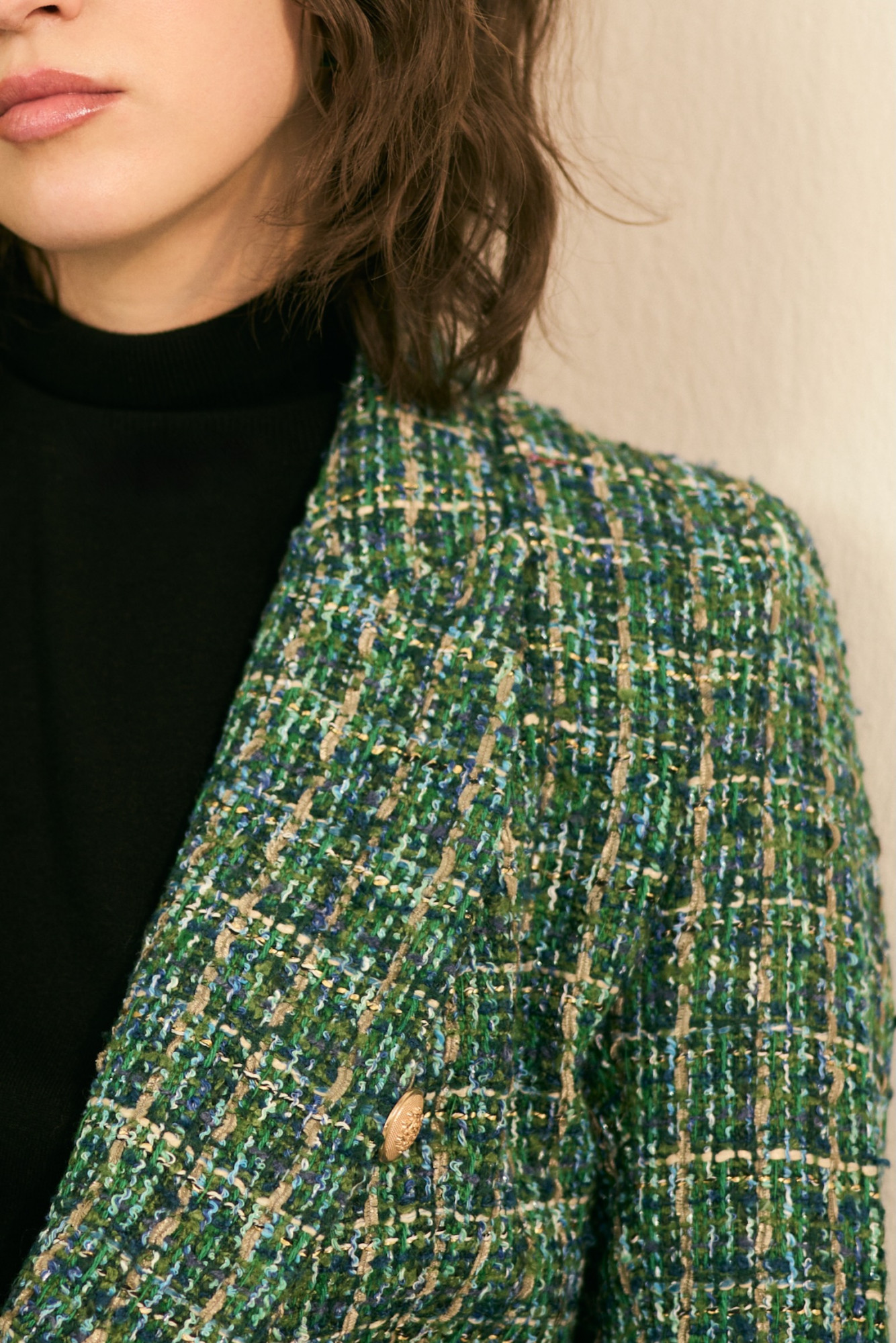 SYLVIE GREEN TWEED DOUBLE BREASTED JACKET AND SKIRT CO-ORD SET