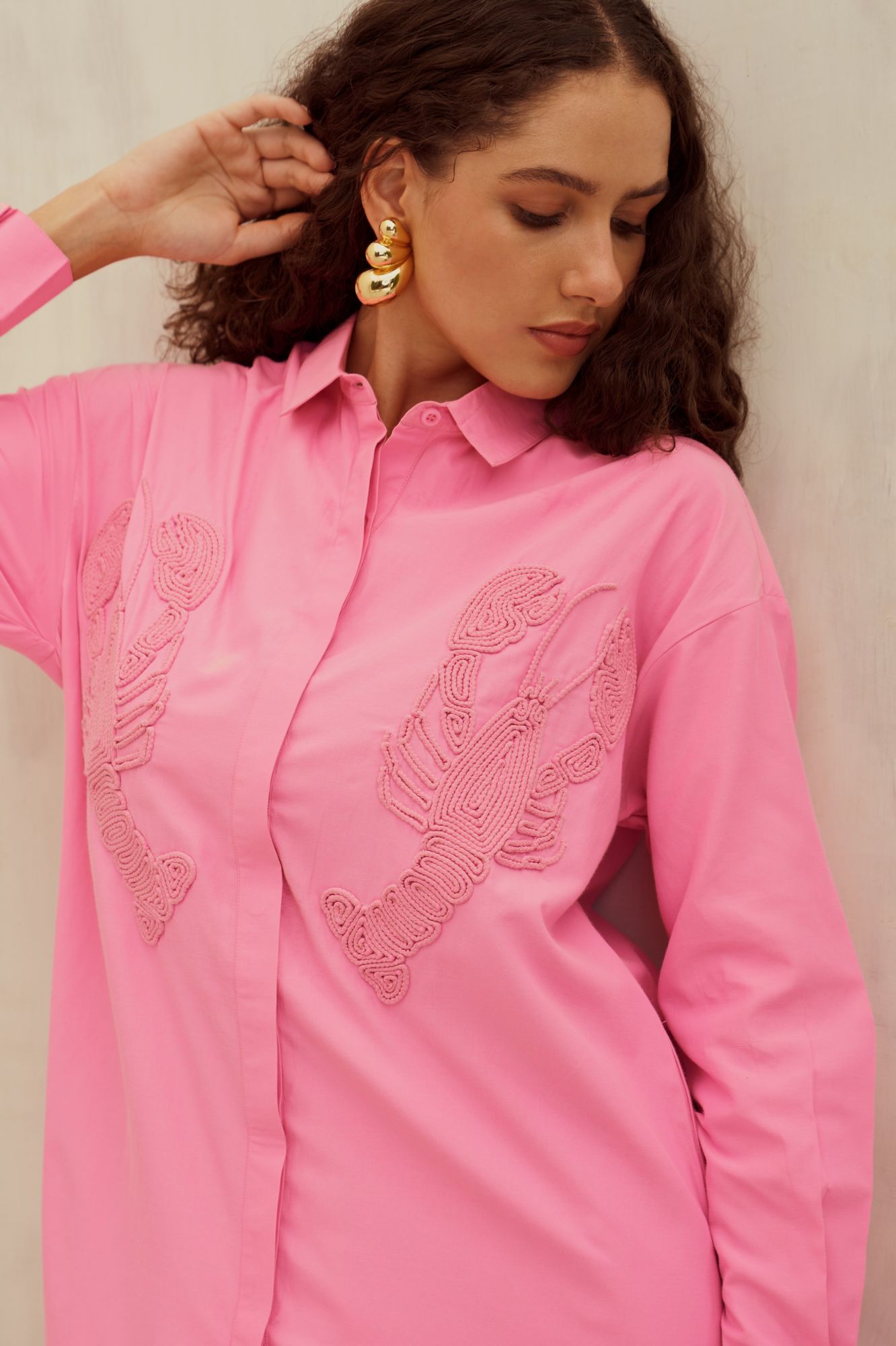 MALIBU-02 TEA ROSE PINK COLOR LOBSTER DORI EMBROIDERY SHIRT TUNIC AND PANTS CO-ORD SET