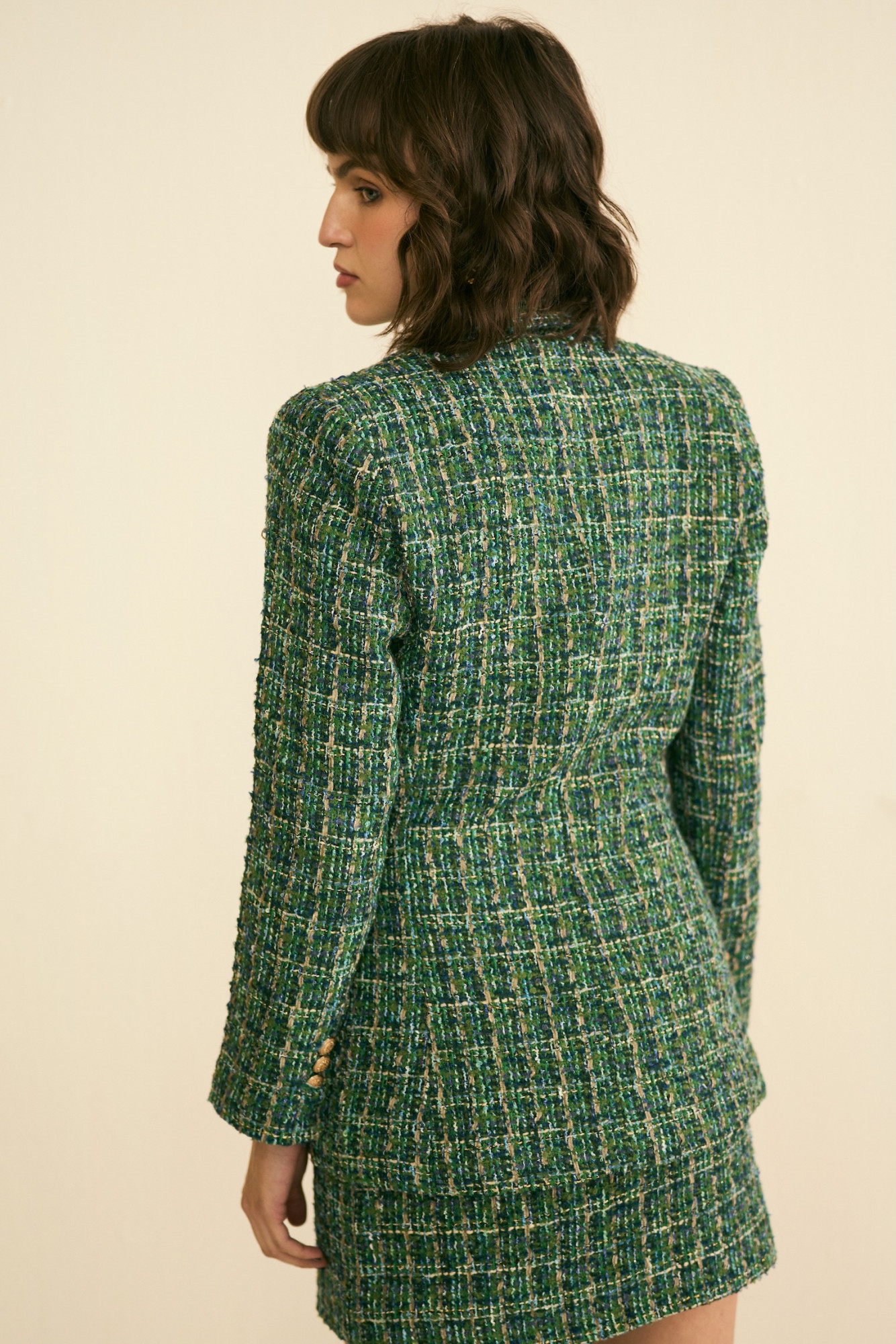SYLVIE GREEN TWEED DOUBLE BREASTED JACKET AND SKIRT CO-ORD SET