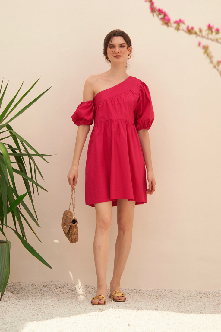 MALIBU SOLID FUCHSIA PINK COLOR COTTON POPLIN ONE SIDED SHOULDER KNEE LENGTH SUMMER DRESS