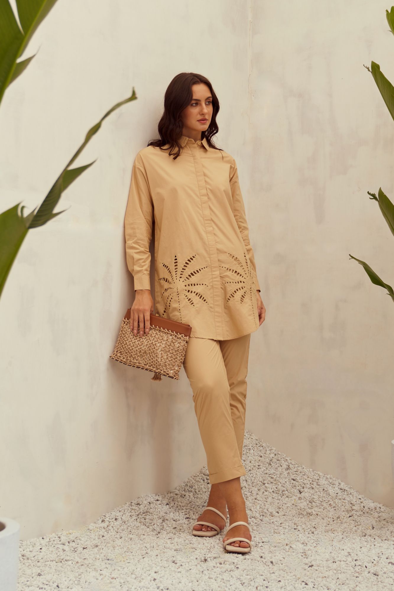 MALIBU-02 TAN COLOR COTTON SHIRT TUNIC AND PANTS CO-ORD SET WITH CUTWORK EMBROIDERY