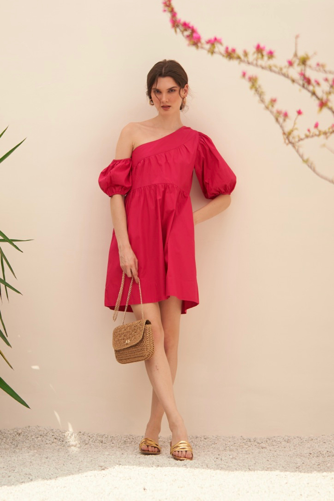 MALIBU SOLID FUCHSIA PINK COLOR COTTON POPLIN ONE SIDED SHOULDER KNEE LENGTH SUMMER DRESS