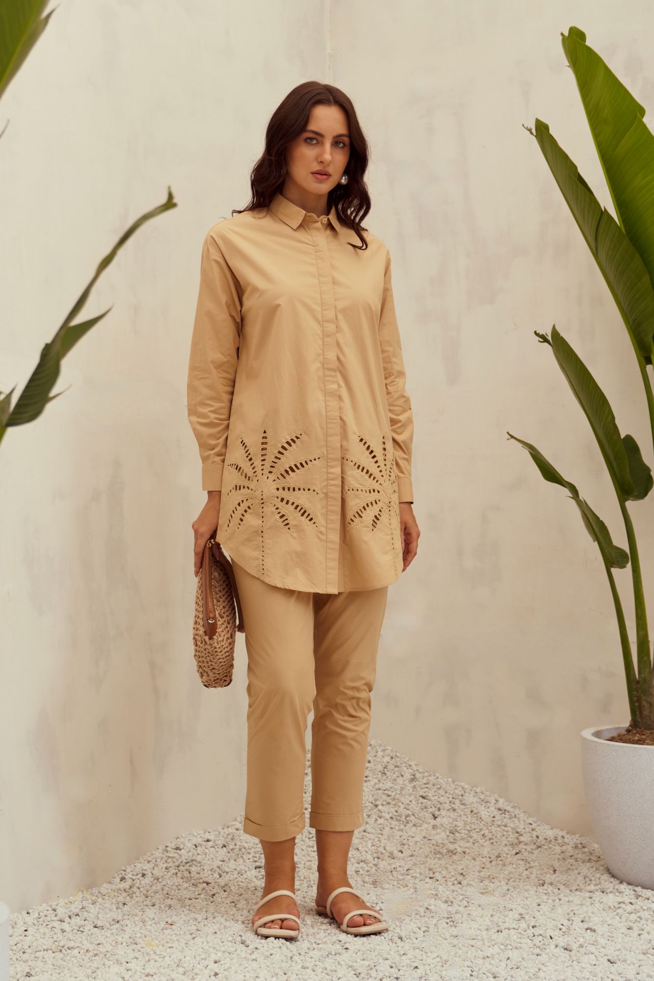 MALIBU-02 TAN COLOR COTTON SHIRT TUNIC AND PANTS CO-ORD SET WITH CUTWORK EMBROIDERY