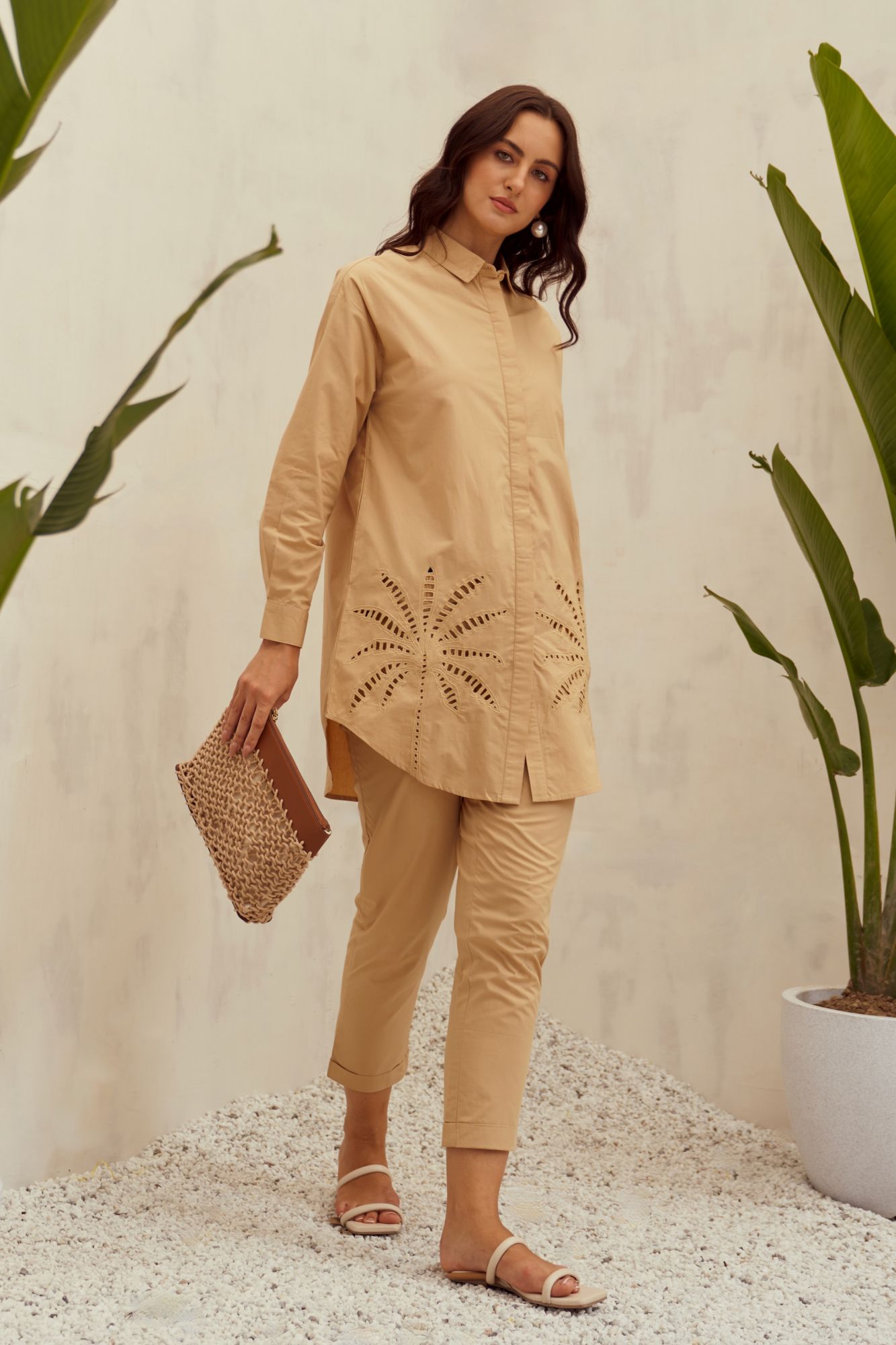 MALIBU-02 TAN COLOR COTTON SHIRT TUNIC AND PANTS CO-ORD SET WITH CUTWORK EMBROIDERY
