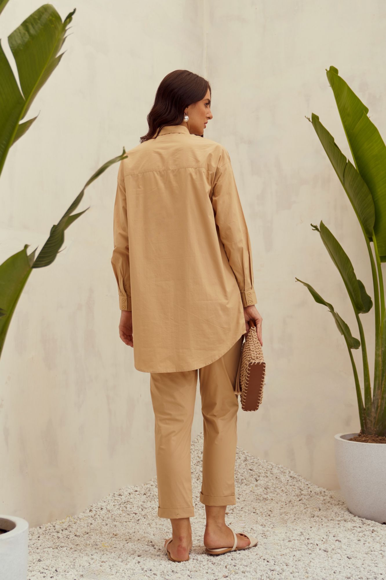 MALIBU-02 TAN COLOR COTTON SHIRT TUNIC AND PANTS CO-ORD SET WITH CUTWORK EMBROIDERY